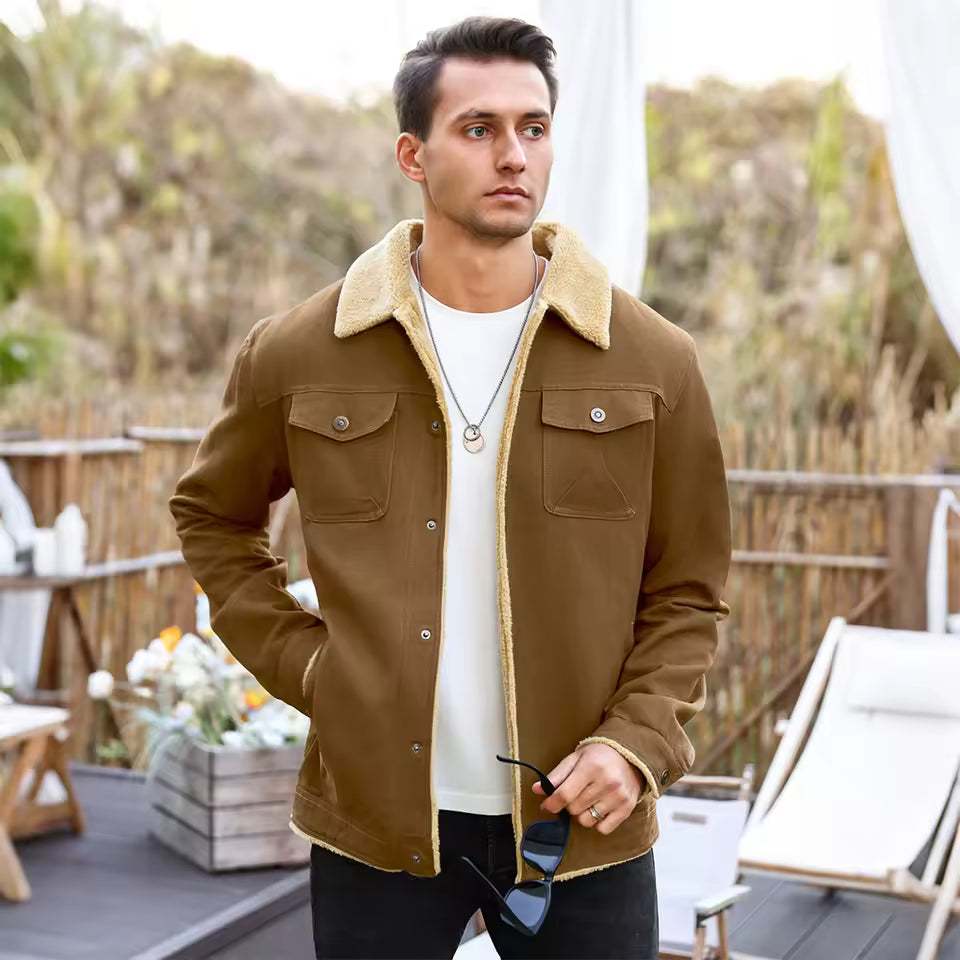 Men’s Navy Sherpa Lined Jacket with Button Closure