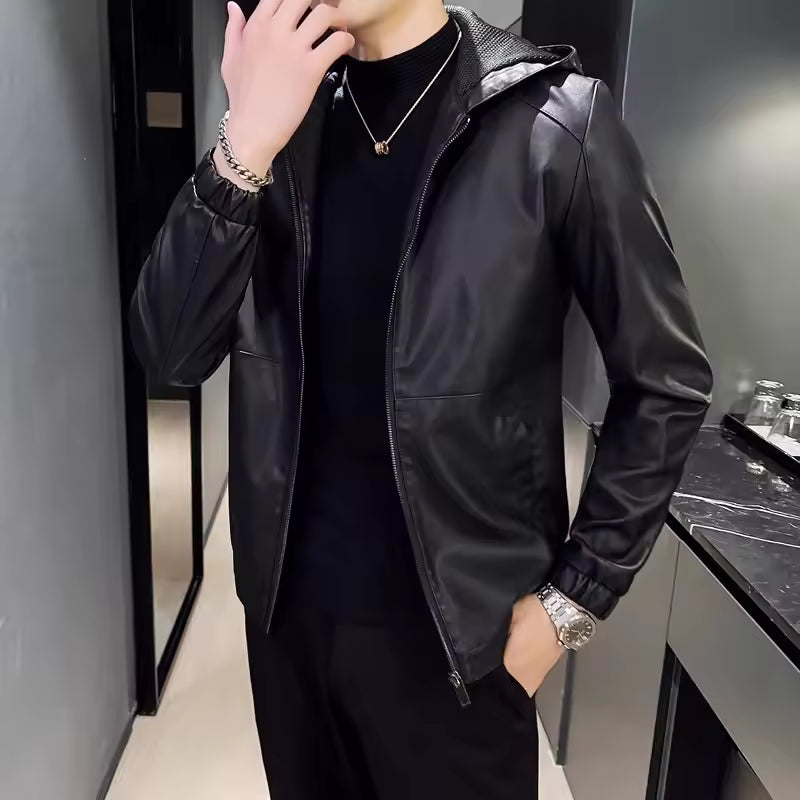 Modern Black Leather Jacket with Attached Hood